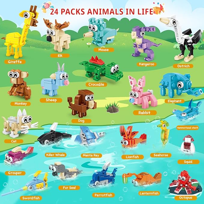 24 Pcs Animal Building Sets 24 Packs Valentines Party Favors For Kids, 72 Kinds of Transformable Building Block Toy, Goodie Bag Stuffers, Classroom Student Prizes Birthday Gifts for Kid Age 6+