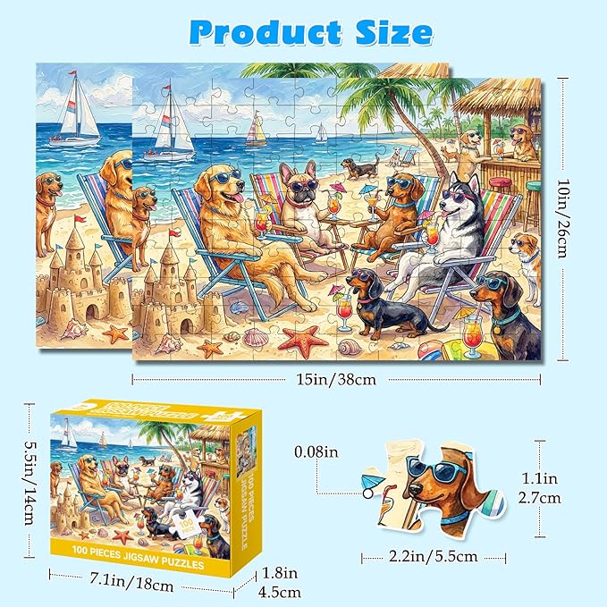 4-Pack 100 Piece Puzzle, Funny Dogs 100 Piece Puzzles for Adults Seniors, Cute Animals Large Piece Jigsaw Puzzles 100 Pieces for Seniors Adults Family Game Gifts (15x10 in)