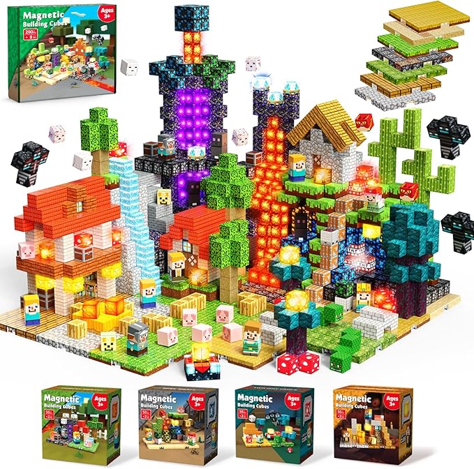 4-in-1 Magnetic Blocks with 24 Light Up Blocks, 200PCS Magnetic Building Blocks with 8 Base Plates, Screen-Free Magnetic Building Cubes Toy, Easter Birthday Gifts for Boys Girls Age 3+