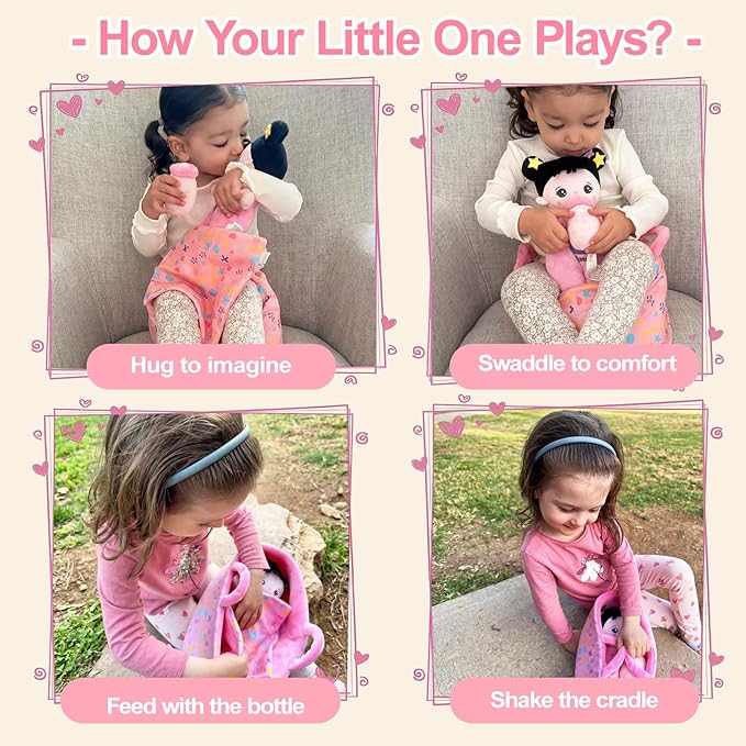 OUOZZZ 10" Soft Baby Doll Set with Plush Doll, Bassinet, Blanket and Bottle, Pretend Playset for Emotional Social Education Asian Doll for 2 Year Olds Girls Perfect Birthday Toy