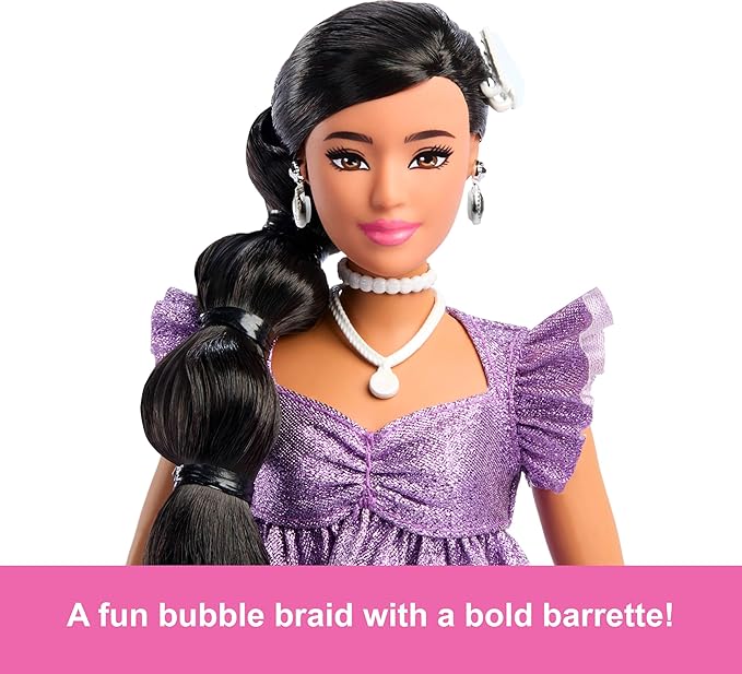 Barbie Deluxe Style Doll #8 in Metallic Purple Top and Sparkly Shorts, Black Hair in Braid, Accessories Like Pearly Jewelry and Handbag