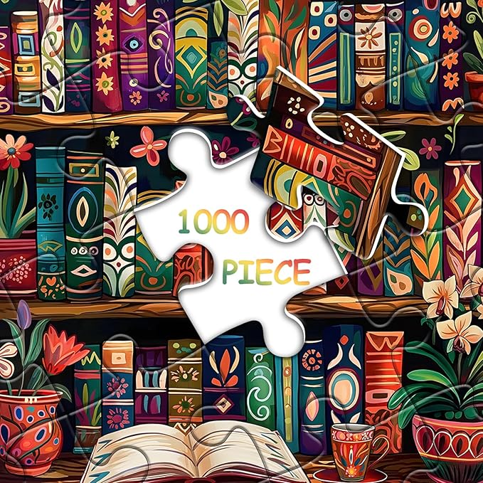 Blooming Bookshelf Jigsaw Puzzles 1000 Pieces, Vintage Literary Blossom Colorful Art Puzzle, Flower Book Wildflower Page Floral Themed, Library Impossible Challenging Puzzles for Adults
