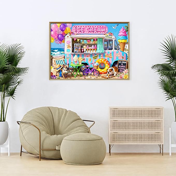 500 Piece Jigsaw Puzzle for Adults - Beach Ice Cream Truck with Cute Bulldogs Jigsaw Puzzles 500 Pieces Puzzles for Adults Finished Size 19.3“ x 13.7”