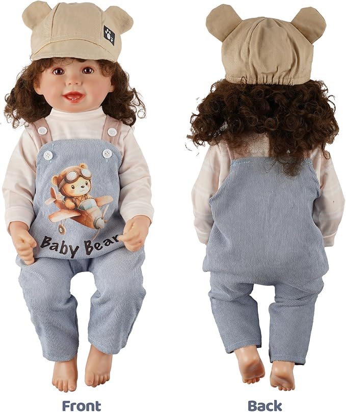 BABESIDE 4 Pcs Reborn Baby Doll Clothes Set for 17-22 Inch Babydolls, Cute Bear Doll Overalls Set with Hat and Dolls Pacifier Clip Chain for Realistic Baby Dolls, Blue