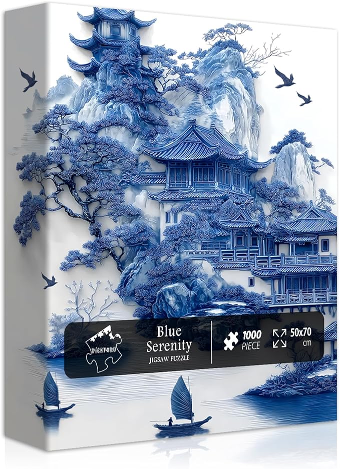Impossible Landscape Puzzles for Adults 1000 Pieces，Nature Aesthetic Puzzle Blue and White Scenery,Unique Chinese Scenic Jigsaw Puzzles with Birds Boat,Hard Difficult Challenge Building Puzzle