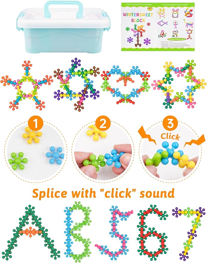 200PCS Interlocking Snowflake Building Block Toy for Kids Ages 3+, Plastic Early Learning Creativity Educational STEM Toy with Carrying Case Safe Material (Rainbow Colors)