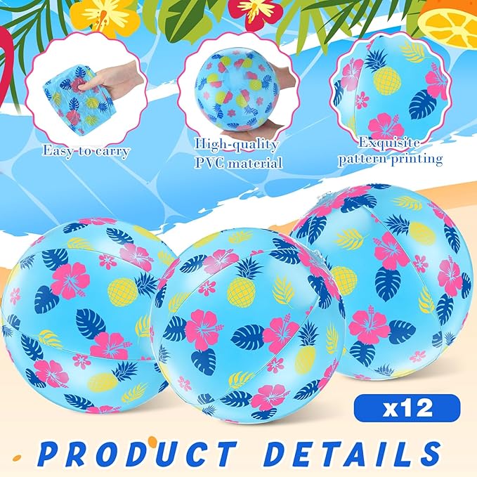 12 Pack Hawaii Cartoon Themed Beach Ball Blue 7.87" Bulk for Summer Pool and Beach Game Gifts Birthday Party Supplies Decorations Favor
