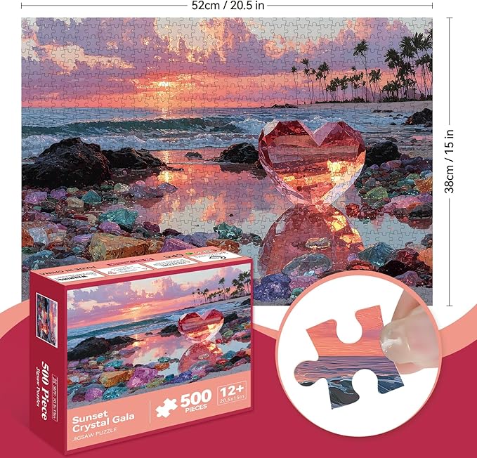 500 Piece Jigsaw Puzzle for Adults – Beach Glass Heart Jigsaw Puzzles 500 Pieces, Sunset Ocean Heart-Shaped Puzzles for Adults 500 Pieces, Challenging Perfect for Game Nights, 20.5 X 15 in