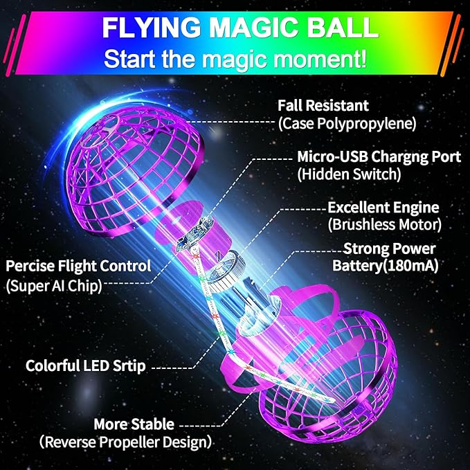 Flying Orb Ball Toy,2026 Upgraded Parachute LED,Magic Hand Controlled Mini Gravity Ball,Cosmic Globe Boomerang,Cool Christmas Birthday Gift for 6 7 8 9 10+ Year Old Girls-Bright Purple
