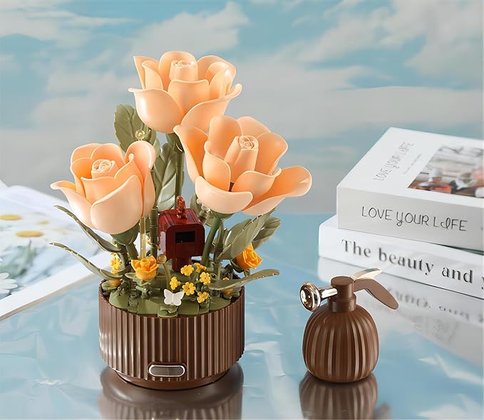 Electric Flower Bouquet Building Set with Remote Control Spray-Bottle, 255 PCS,Original Music (Type :Symphony) Motorized Roses Flowers STEM Construction Kit, Automatic Blooming Bouquet