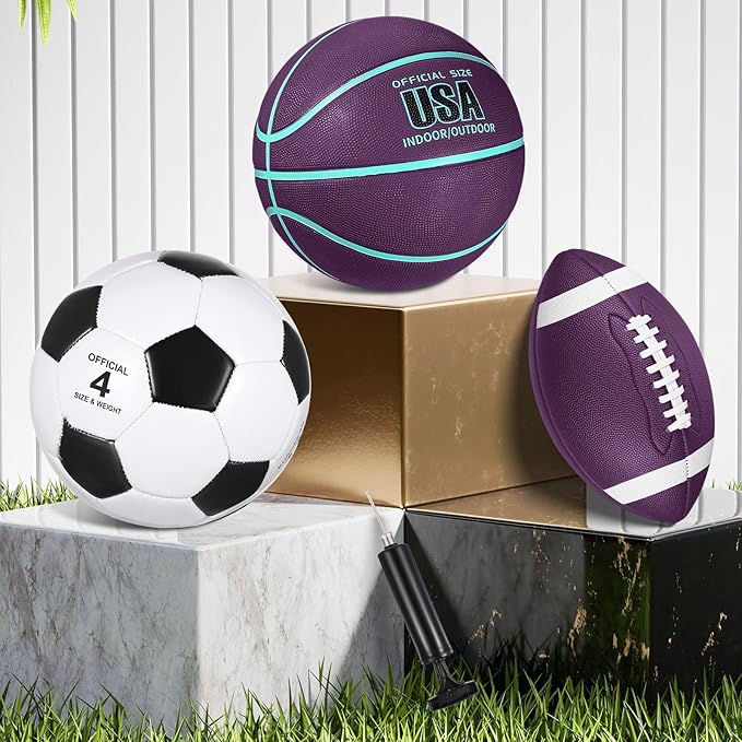 Libima 3 Pcs Sports Ball Set for Kids Teens Include Official Size Basketball Soccer Football with Pump and Carry Bag Training Practice Sport Back to School Gift