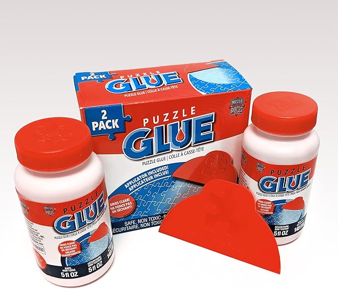 MasterPieces – Puzzle Glue with Wide Plastic Spreader, Easy to Apply, Dries Quick and Clear, Protects Finished Jigsaw Puzzles, Water-Soluble, 2 Pack, 5 oz Each