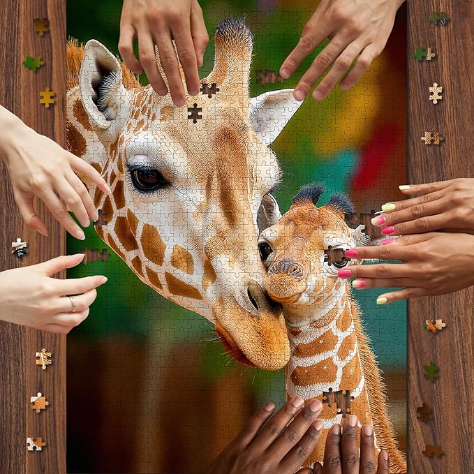 Giraffe Family 1000 Piece Puzzle for Adults - Mother & Baby Nuzzle Art, Lettered Backing, 20"x28" HD, Premium Gift for Animal & Family Lovers