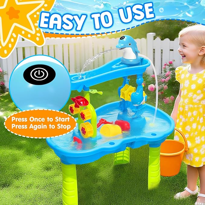 Water Table Pump for Kids & Toddlers, Dolphin Rechargeable Continuous Flow, IPX7 Waterproof, Strong Adhesive Base, No Tools Setup, Water Table Accessories