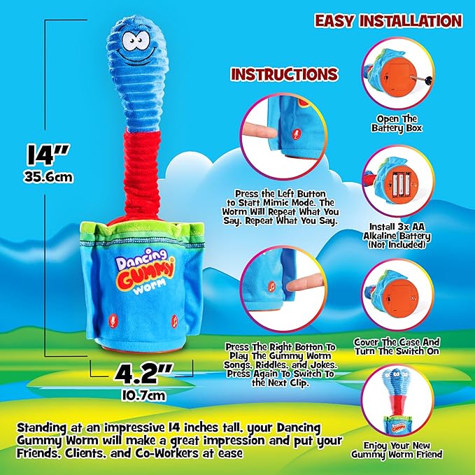 Gagster Dancing Gummy Worm, Interactive Talking & Singing Plush Toy, Lights Up, and Repeats What You Say - Funny Animatronic Toy for Kids, Gag Gift