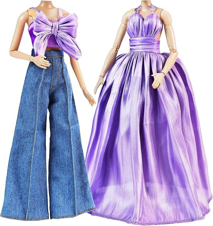 E-TING 2 Sets Doll's Dream Outfits: Shiny Glitzy Gala Purple Dress and Bell-Bottom Jeans Set for 11.5 Inch Girl Doll