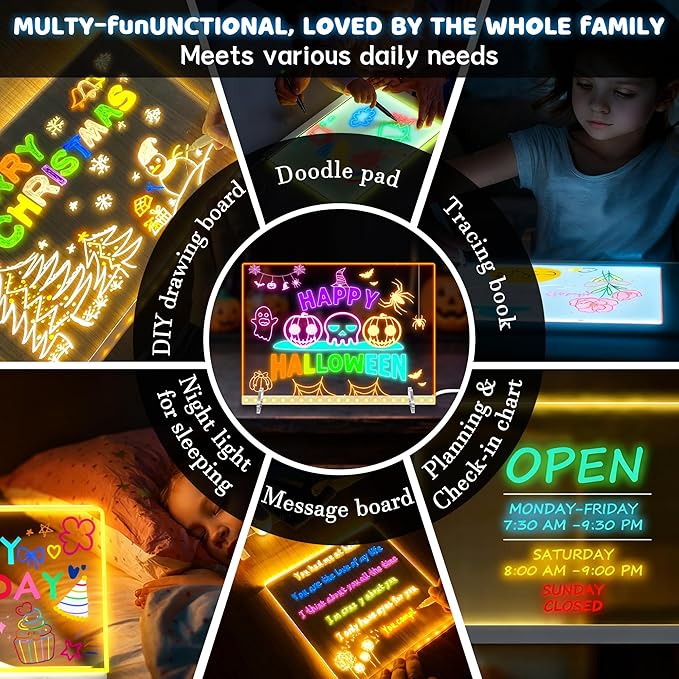 LED Drawing Board -13.7'' X 10" Doodle Glow Board for Christmas Gift, Room/Store/Festival,etc. with 4 Modes & 7 Colors, LED Glow Drawing Board with Adapter, 7 Markers & Tracing Paper