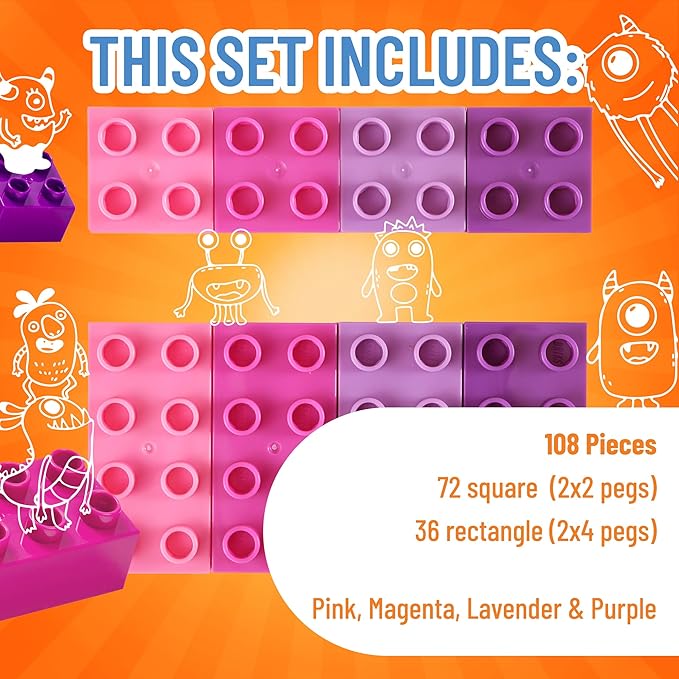 Strictly Briks Jumbo Building Blocks Set - Enhances Fine Motor Skills for Age 3+ - Vibrant Colorful Blocks for Girls Toys - Durable Pieces for Kid Toy Play - 108pc, Pink/Purple/Lavender