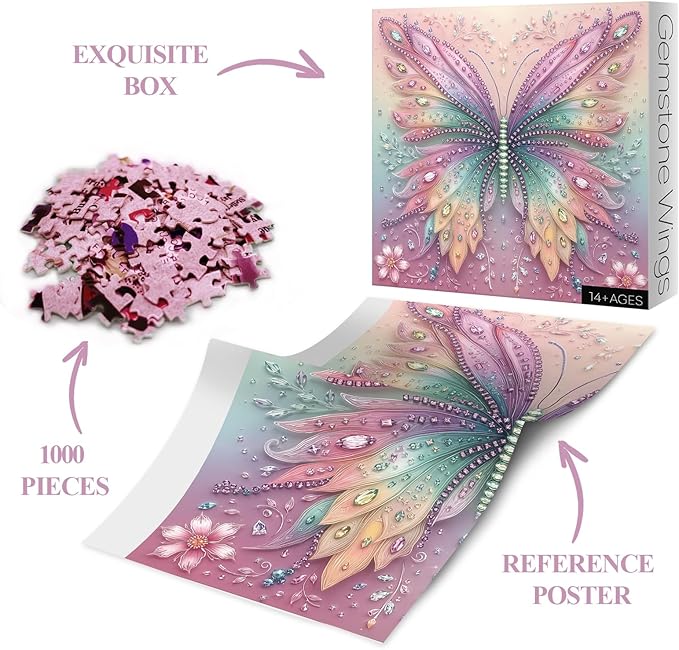 Fantasy Crystal Butterfly Puzzles for Adults 1000 Pieces, Beautiful Jewels of The Fluttering Wings Jigsaw Puzzle, Colorful Wings Flower Puzzles as Home Decor