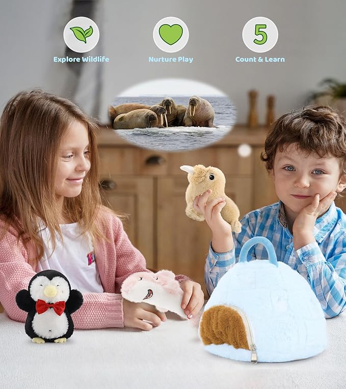 Tezituor 6 Pcs Ocean Sea Plush House with 5 Stuffed Animal Set,Sea Lions, Penguins, Sharks, Polar Bears, Snowmen Plush Toys, Soft Arctic Lgloo Plushie Gifts for Kids Christmas Valentines Birthday