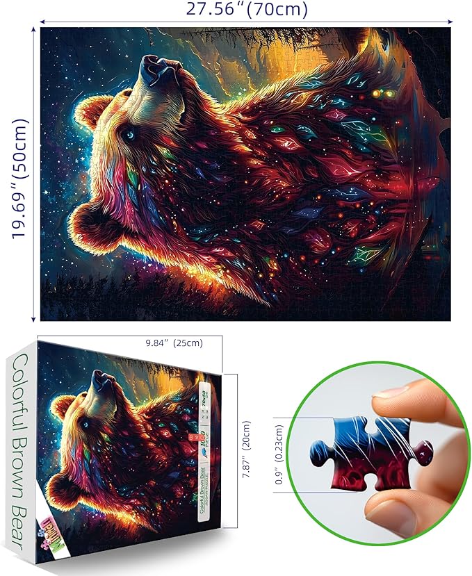 MINIWAN 1000 Piece Puzzles for Adults, Colorful Brown Bear Puzzle for Adults, Hard Challenge Art Jigsaw Puzzles, for Gifts Birthday Party Games Family, 27.5 * 19.7 inch Dust Free Puzzle