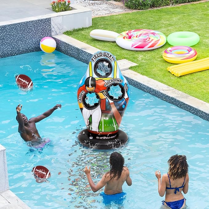 Inflatable Pool Toss Games, Football Target Toss Game with Mini Footballs for Kids Throwing Training Games for Yard Outdoor Indoor Beach Family Party Birthday Gift