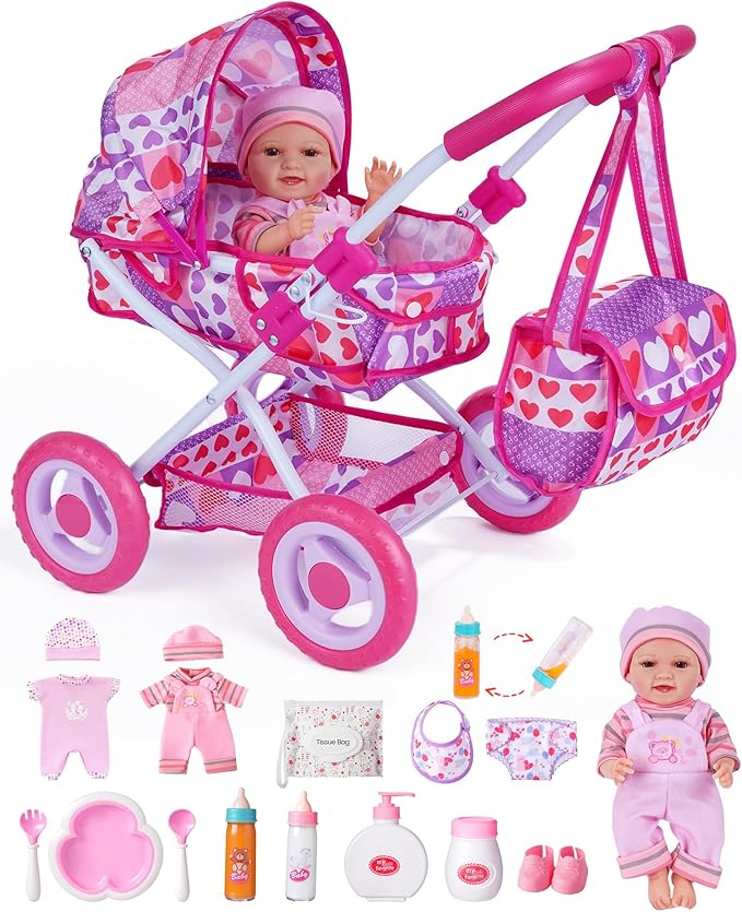 BABESIDE Baby Doll Stroller Set with 12 Inch Baby Doll, 14 Pcs Baby Doll Accessories, Folding Doll Pram Pretend Play Set, Feeding, Bath & Care Toys, Gift for Girls Ages 3yrs+