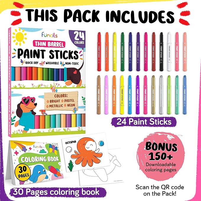 24 Thin Tempera Paint Sticks for Kids Washable (Coloring Book incl) | Non-Toxic Markers for Toddlers 1-3 | Works on Paper, Canvas, Wood, Cardboard - Painting Crayons, Art and Craft Supplies
