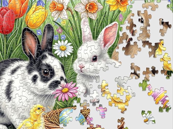 Springbok Three Easter Bunnies 500 Piece Jigsaw Puzzle for Adults – Poster Now Included - Spring and Floral – Unique Cut Pieces – Made in USA