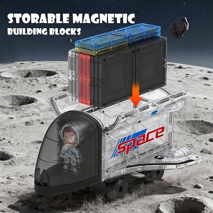 Space Magnetic Tiles for Kids, 30 Piece STEM Magnetic Building Blocks Set, Rocket Ship Space Station Educational Construction Toy with Astronaut Figure for Boys Girls Ages 3-8