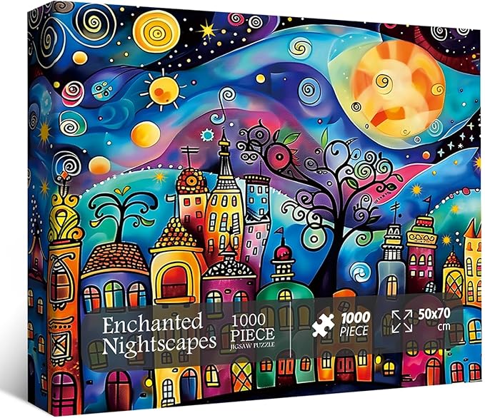 Colorful Houses Puzzles for Adults 1000 Pieces, Village Night Landscape Jigsaw Puzzles, Fantasy Abstract Starry Sky Puzzle as Nature Decor