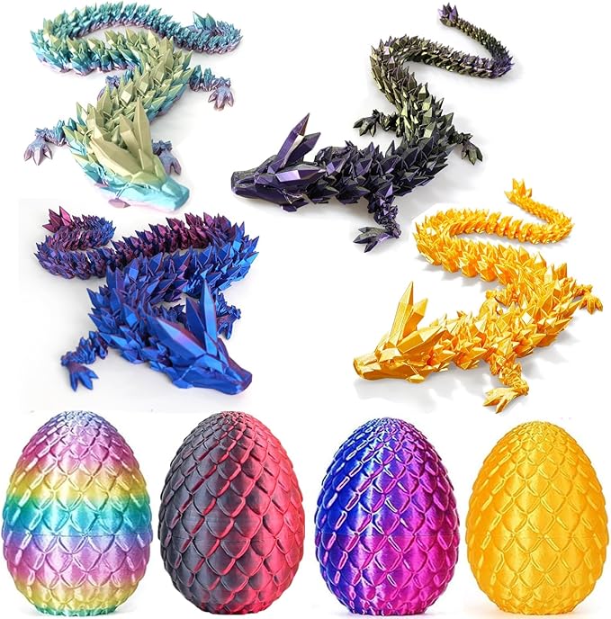 3D Printed Dragon Easter Egg,8.5in. Articulated Crystal Dragon Fidget Toy,Perfect Basket Essentials Stuffers (4sets & Bluegreen/CandyMulti/PurpleBlue/RedGold, L8.5inch Dragon&H3.5inch Egg)
