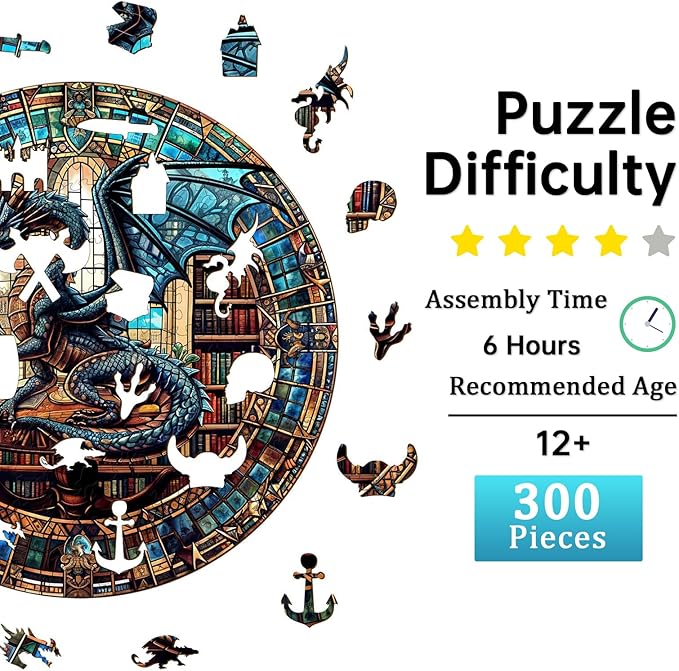 Jigfoxy Wooden Puzzles for Adults, Dragon's Library Wood Puzzles Adult, Unique Animal-Shaped Wooden Jigsaw Puzzles, Christmas Thanksgiving Gifts for Family and Friends (L-13.4 * 13.1in-300pcs)