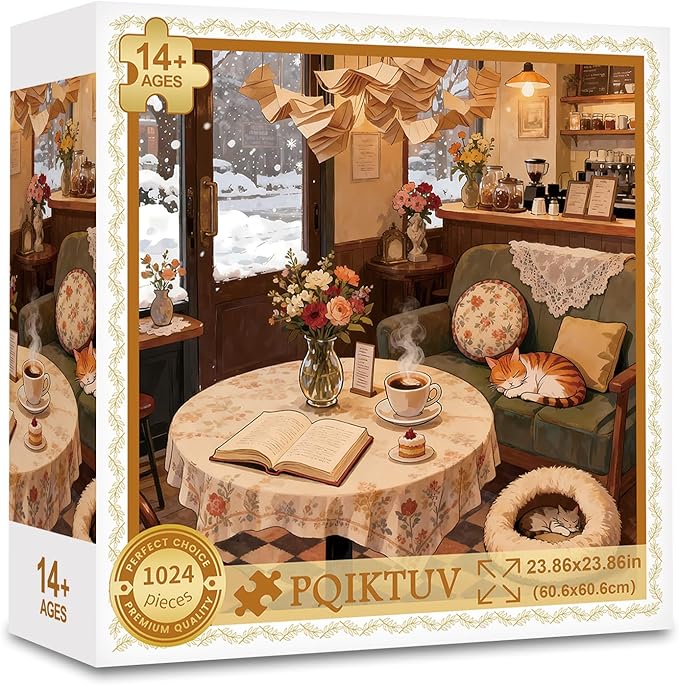 Puzzles for Adults 1024 Pieces Snowy Vintage Coffee Shop with Cats, Jigsaw Puzzles with HD Poster, Puzzles with Letter Markings, Gift for Family Friends（23.86 x 23.86 in）