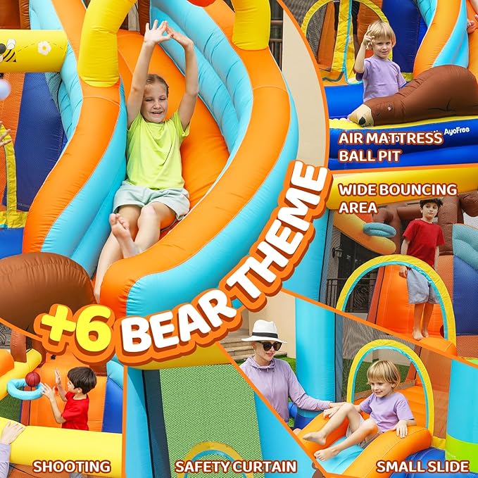 Inflatable Bounce House, Double Slide Bounce House for Big Kids, 6 in 1 Bear Jumping Castle with 450 Blower, Air Cushion, Ball Pit, Climbing Wall, Basketball Hoop