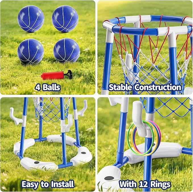 Pool Basketball Hoop for Kids, 2-in-1 Floating Pool Water Play Toys and Ring Game with 4 Balls and Pump, Outdoor Summer Swimming Pool Basketball Games Family Party for Kids Adults (Blue)