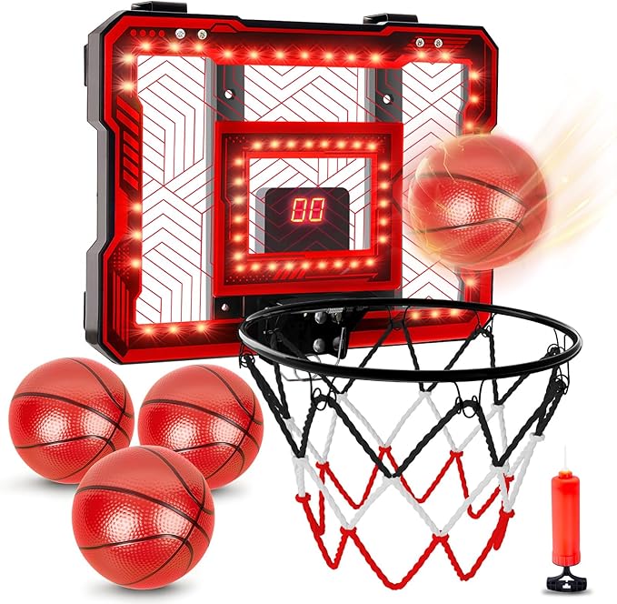 FIODAY Indoor Mini Basketball Hoop, Over The Door Basketball Hoop with LED Lights/Scoreboard/4 Balls, Upgraded Reinforced Backboard Frame, Basket Ball Toys Gift for Kids Ages 3-5-12+ Boys Girls