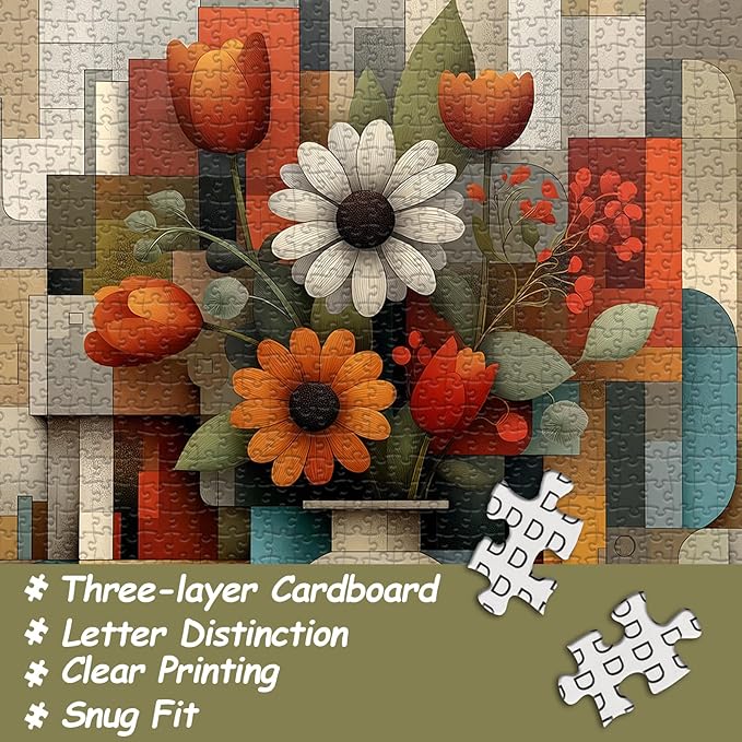 Flower Puzzles for Adults 1000 Pieces, Unique Floral Plant Jigsaw Puzzles Vase, Flower Bloom Puzzles with Geometric Background, Beautiful Floral Home Decor