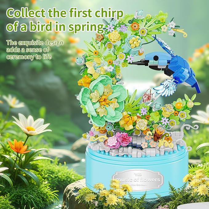 DIY Garden Toy Kit for Kids, Bird-Shaped Flower Building Set, Educational STEM Gift for Girls Boys Age 8+, Rotating Music Box Craft, Birthday Present Home Decor (Green)