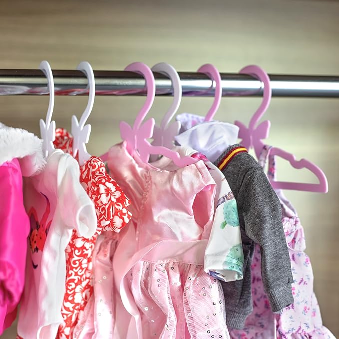 Doll Clothes Hangers for 18" Dolls -Set of 12 White Butterfly Hangers- Unique Design Compatible w American Girl Outfit Accessory Coat Hangers, Holds Shirt, Pants, Skirt - Gifts for Girls Kids Birthday