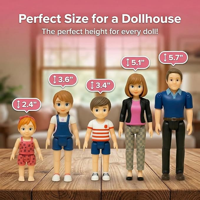 Family Dollhouse People - Bendable Doll House People Figures - 5 Poseable Action Figures Incl. Mom, Dad, Sister, Brother, & Toddler - Small Dolls for Doll-house Designed to Fit Standard Dollhouses