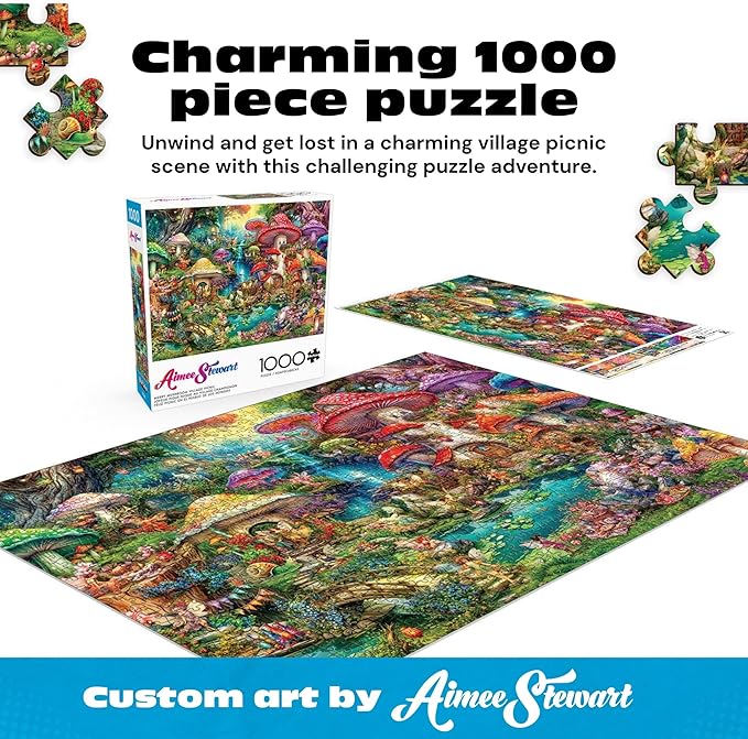 Buffalo Games - 1000 Piece Jigsaw Puzzle Aimee Stewart Merry Mushroom Village Picnic, Made in USA, Premium Recycled Board, Full-Color Poster, Giftable