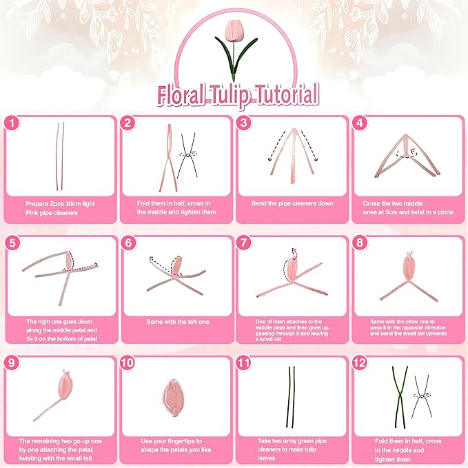 LINAYE 500 PCS Pipe Cleaners Craft, 6 Colors Pipe Cleaners Flowers Kit, Chenille Stems for Crafts with Instruction Wrapping Paper, Flower Stamens, Stems Art and Craft Supplies Pink (12inch x 6mm)