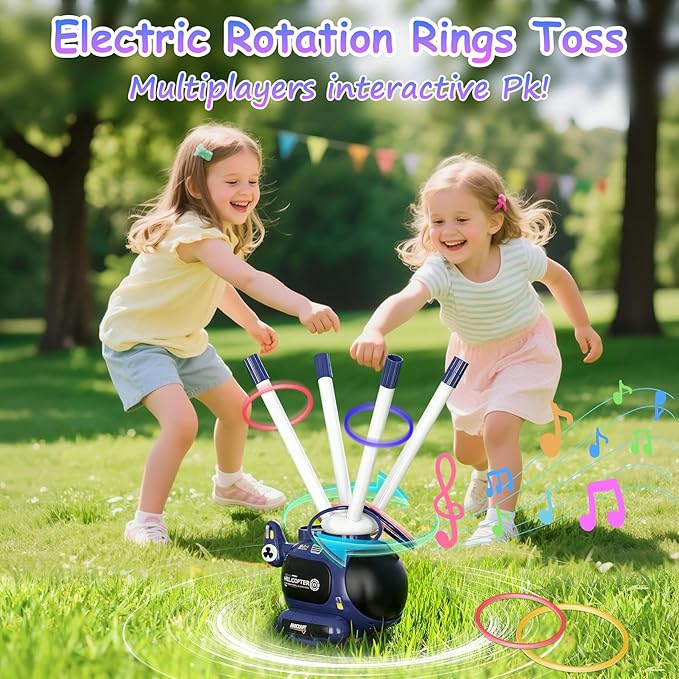 4-in-1 Music Jumping Toy Car,Dual Rotating Poles for Jumping & Dodging,Auto Flying Disc Launcher with Catching Net,Spinning Pole for Ring Toss,Kids outdoor toys,Games for Kids Boys and Girls (Blue)