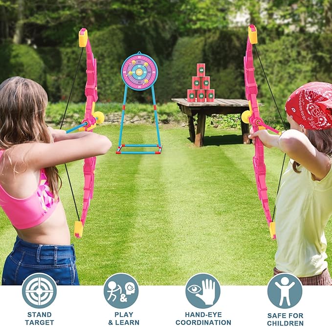 2 Pack Kids Bow and Arrow Set, Pink Light Up Archery Toy Set, 2 Foam Dart Blaster & 6 Target Cans Toys for Ages 5-7, Kids Indoor Outdoor Birthday Gifts Ideas for Boys Girls 4 5 6 7 8 9 10 Year Old