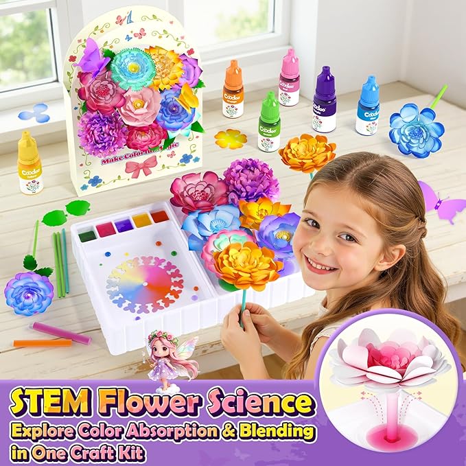 Coodoo DIY Flower Craft Kits, Magic Dyeing Florist Bouquet Maker Art Supplies Arts and Crafts for Kids Ages 4-6 4-8 8-12, STEM Montessori Toddler Kids Toys Birthday Easter Gifts for Girls Boys