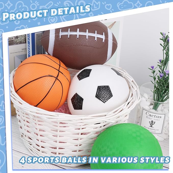 LovesTown 4-Pack Sports Balls, 5-Inch Soccer, Basketball, Playground Balls & 7 Inch Footballs for Toddlers with Pump Indoor Outdoor Toys Birthday Party Favors for Kids