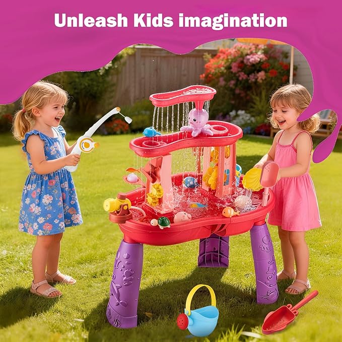 Water Table for Toddlers 3-5 Outdoor Toys for Kids Ages 4-8 3-Tier Kids Sand Water Table with Fishing Game Set Activity Sensory Table Summer Gift Beach Outside Toys for Toddler Girl