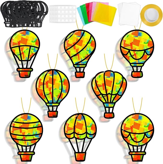 QOUBAI 32 Sets Air Balloons Suncatchers Craft Kit DIY Window Stained Glass Effect Hot Air Balloons VBS Paper Craft Home School Classroom Decoration Kid Birthday Gift Creative Art Project Activity Game