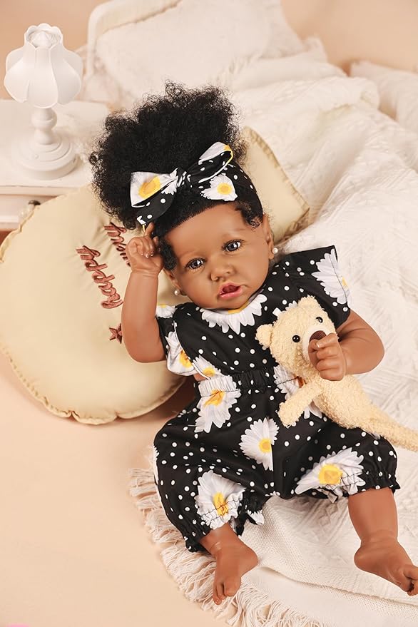 HOOMAI Reborn Baby Black Dolls African American Lifelike Silicone Doll Realistic 22.8 Inch with Cloth Body Birthday Gift Set